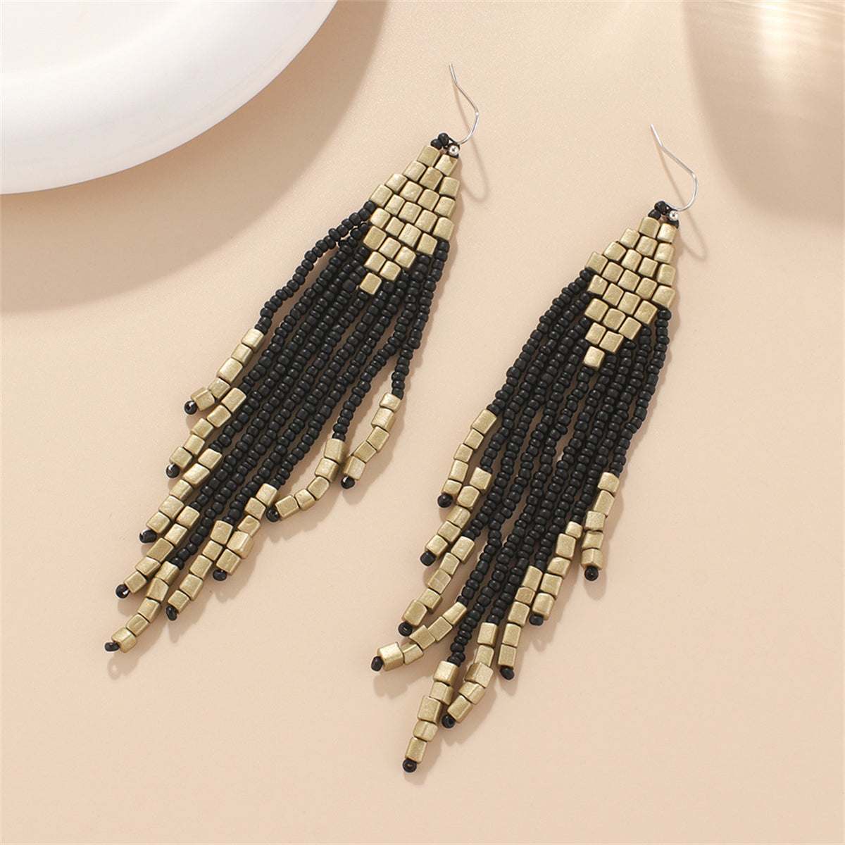 Black & Champagne Tassel Beaded Drop Earrings