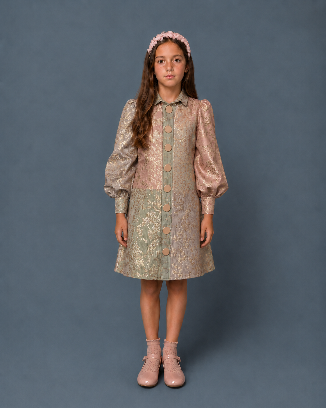 Brocade Pastel Gold Button Dress