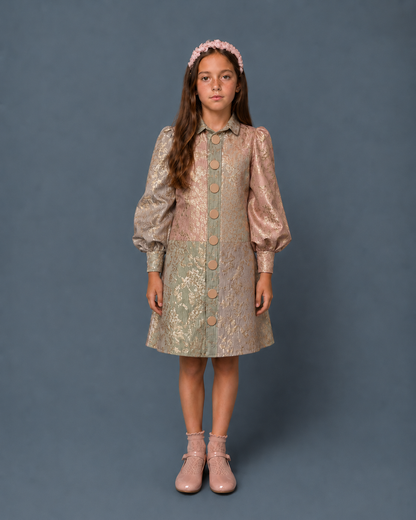 Brocade Pastel Gold Button Dress