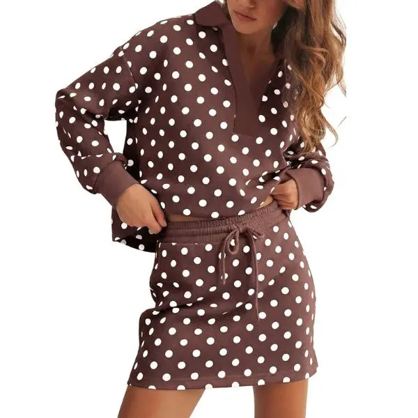 Polka Dot Polo Collar Top Drawstring Mini Skirt Two Piece Set