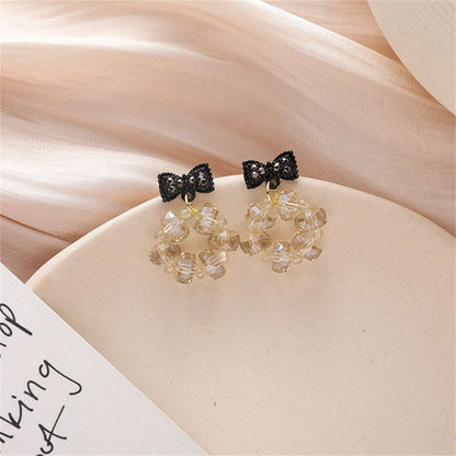 Black Cubic Zirconia & Acrylic Hoop Bow Drop Earrings