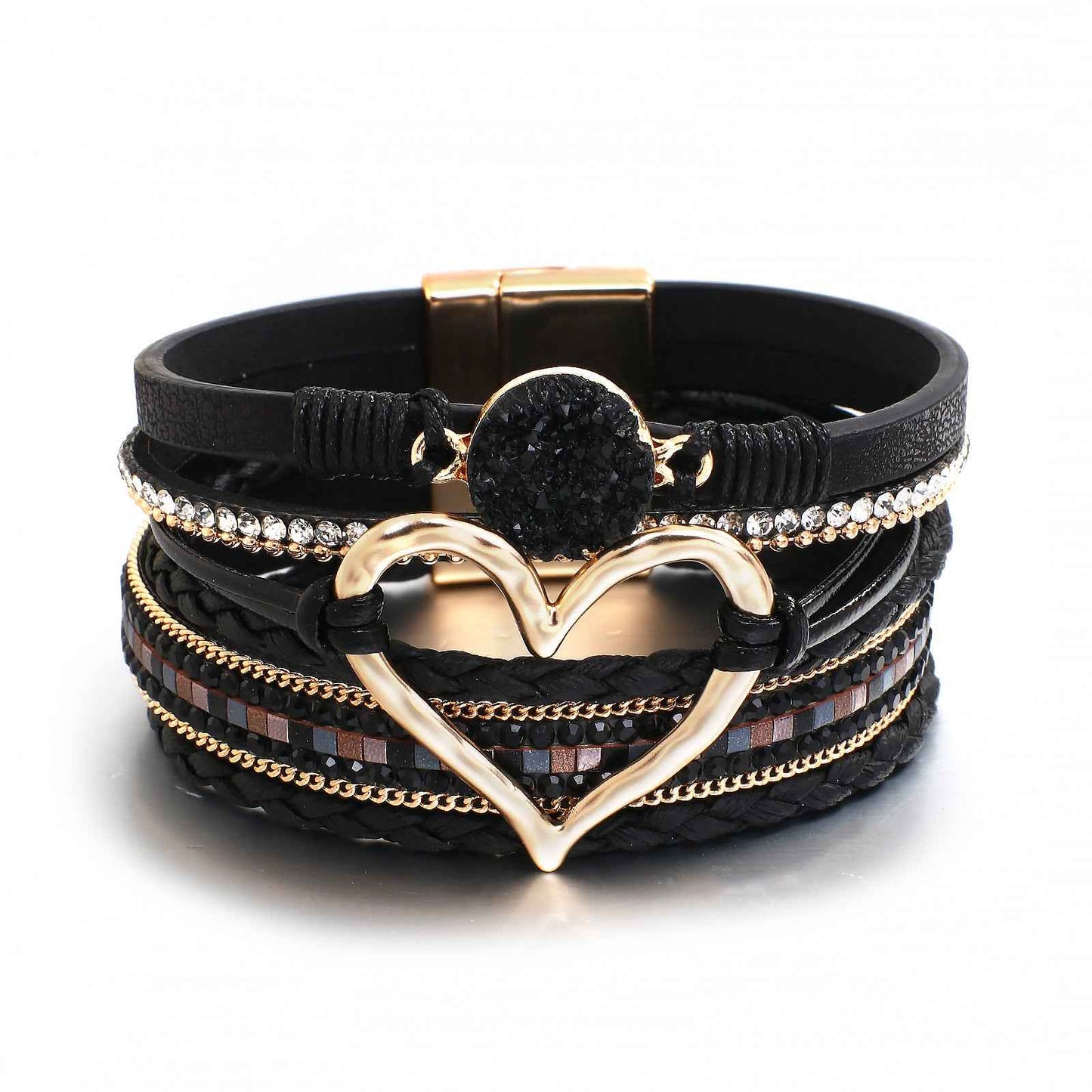 Black Faux Leather Heart Multi-strand Bracelet