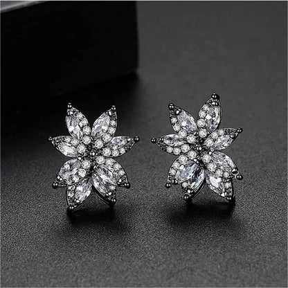 Black Crystal & Cubic Zirconia Flower Stud Earrings