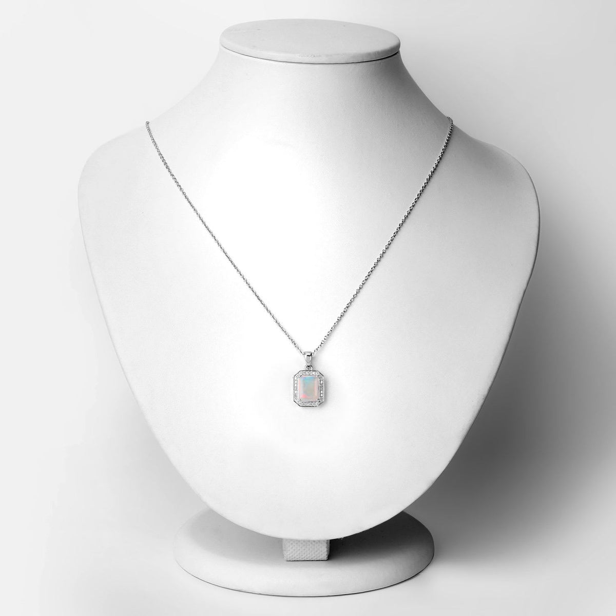 Genuine Ethiopian Opal and Lab Diamond Silver Halo Necklace