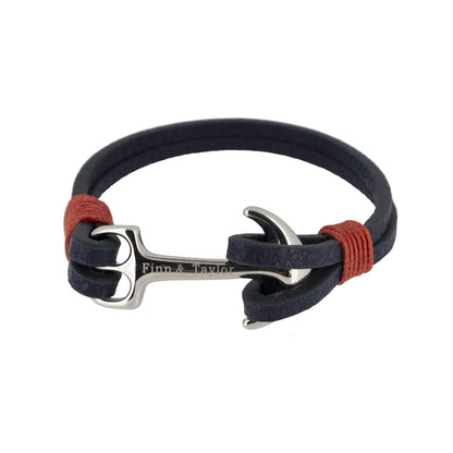 Navy Leather & Steel Anchor Unisex Bracelet By Finn & Taylor