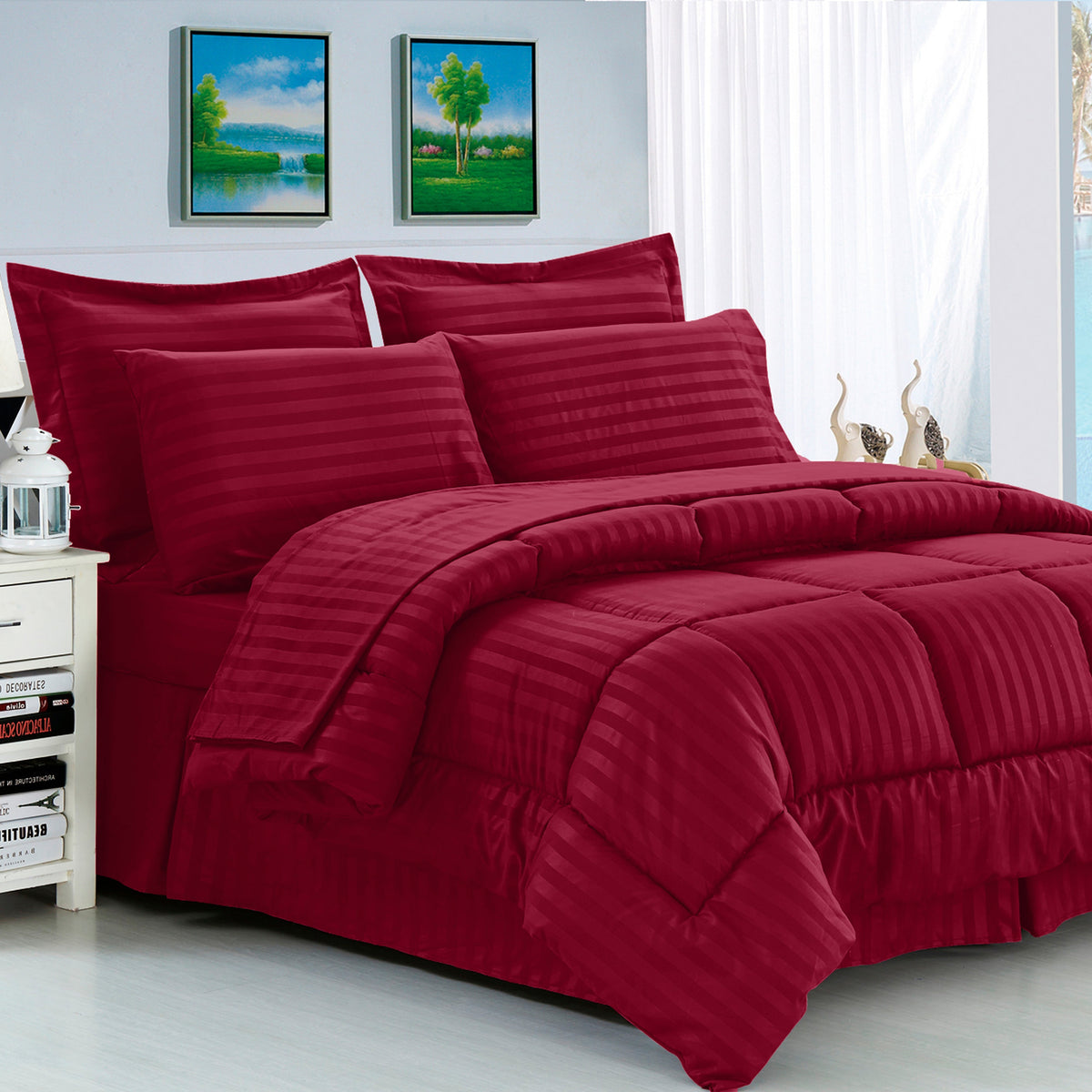 Elegant Comfort 8-Piece Dobby Stripe Comforter Set - Includes 4-Piece Sheet Set with Double Sided Storage Pockets