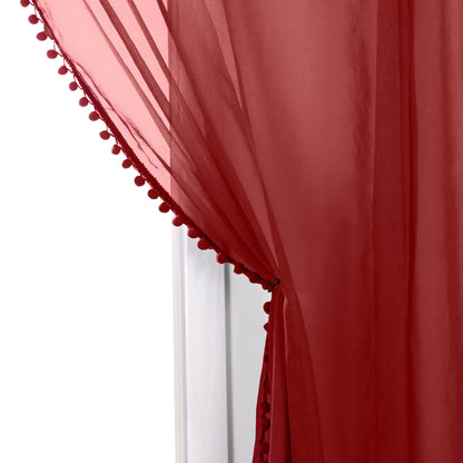 Elegant Comfort Set of 2 Pom Pom Tasseled Sheer Curtain - Rod Pocket