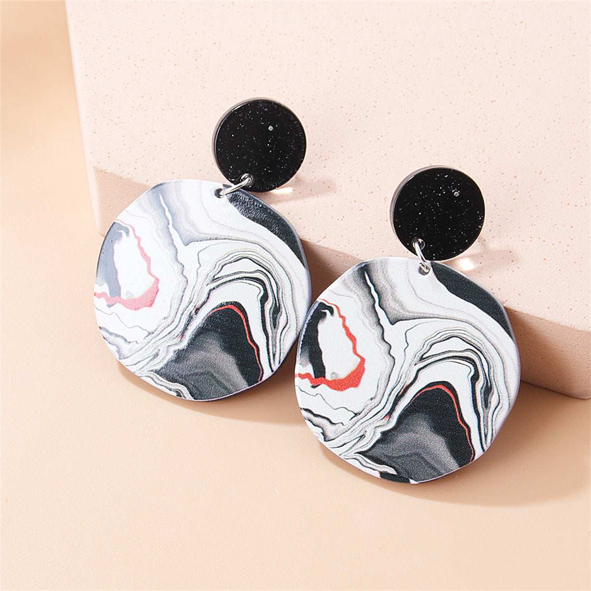 Black & White Acrylic Silvertone Marble-Texture Drop Earrings