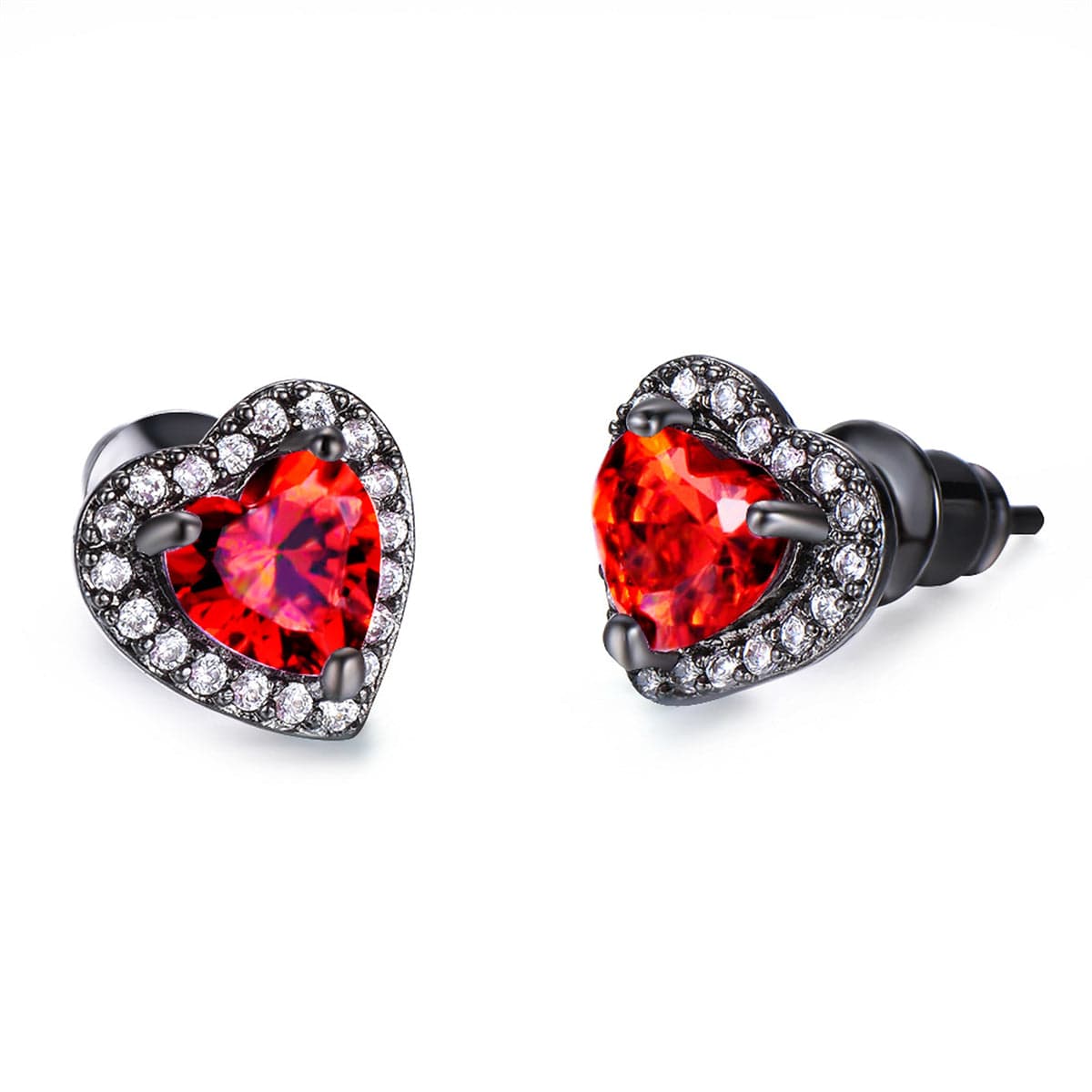 Red Crystal & Cubic Zirconia Blacktone Halo Heart Stud Earrings