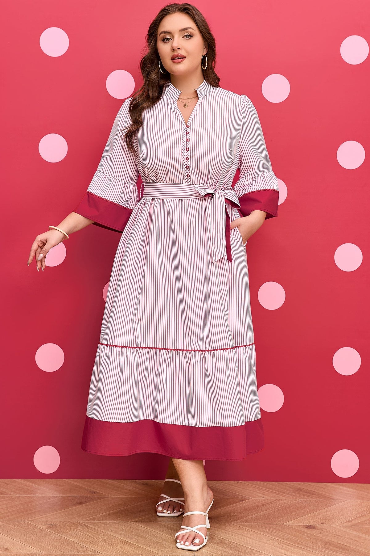 Threaded Pear Charlee Hem Pinstriped Midi PLUS Dress