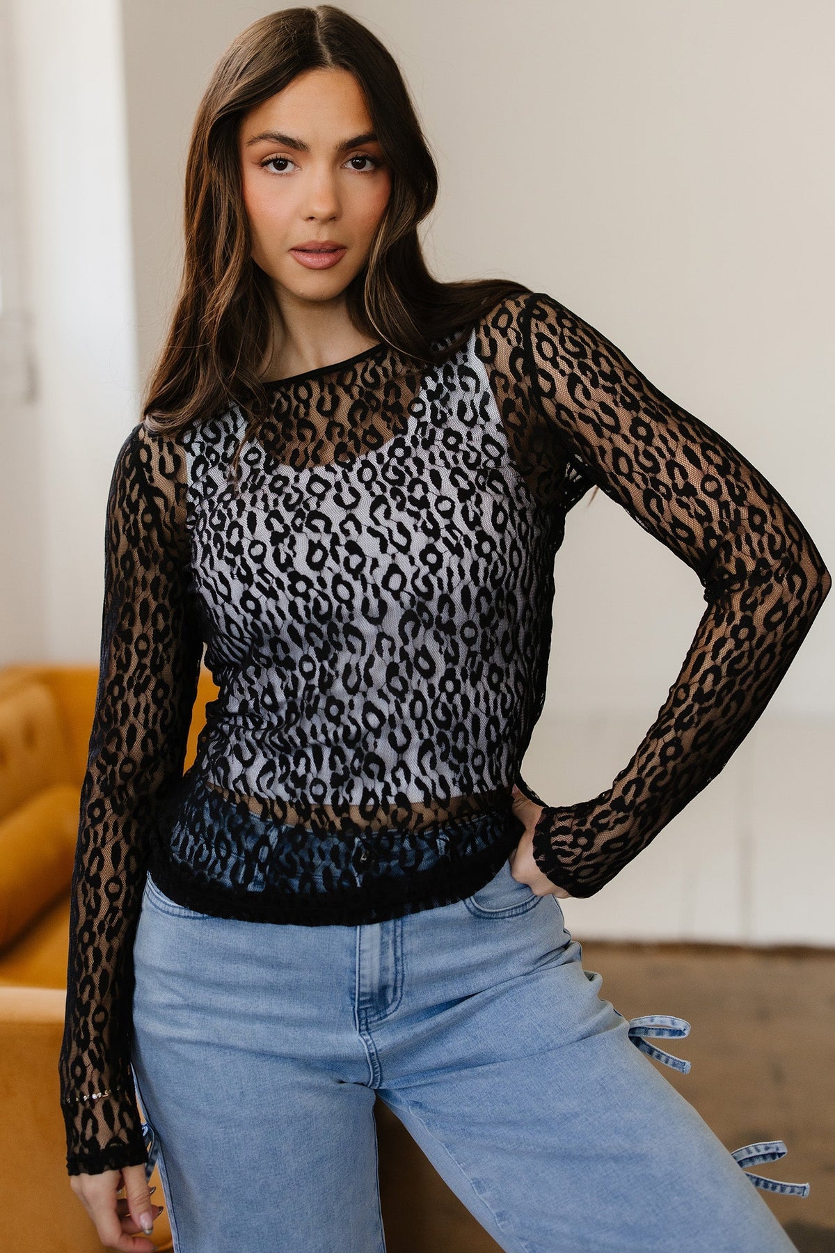 Threaded Pear Denver Pattern Sheer Mesh Long Sleeve Top
