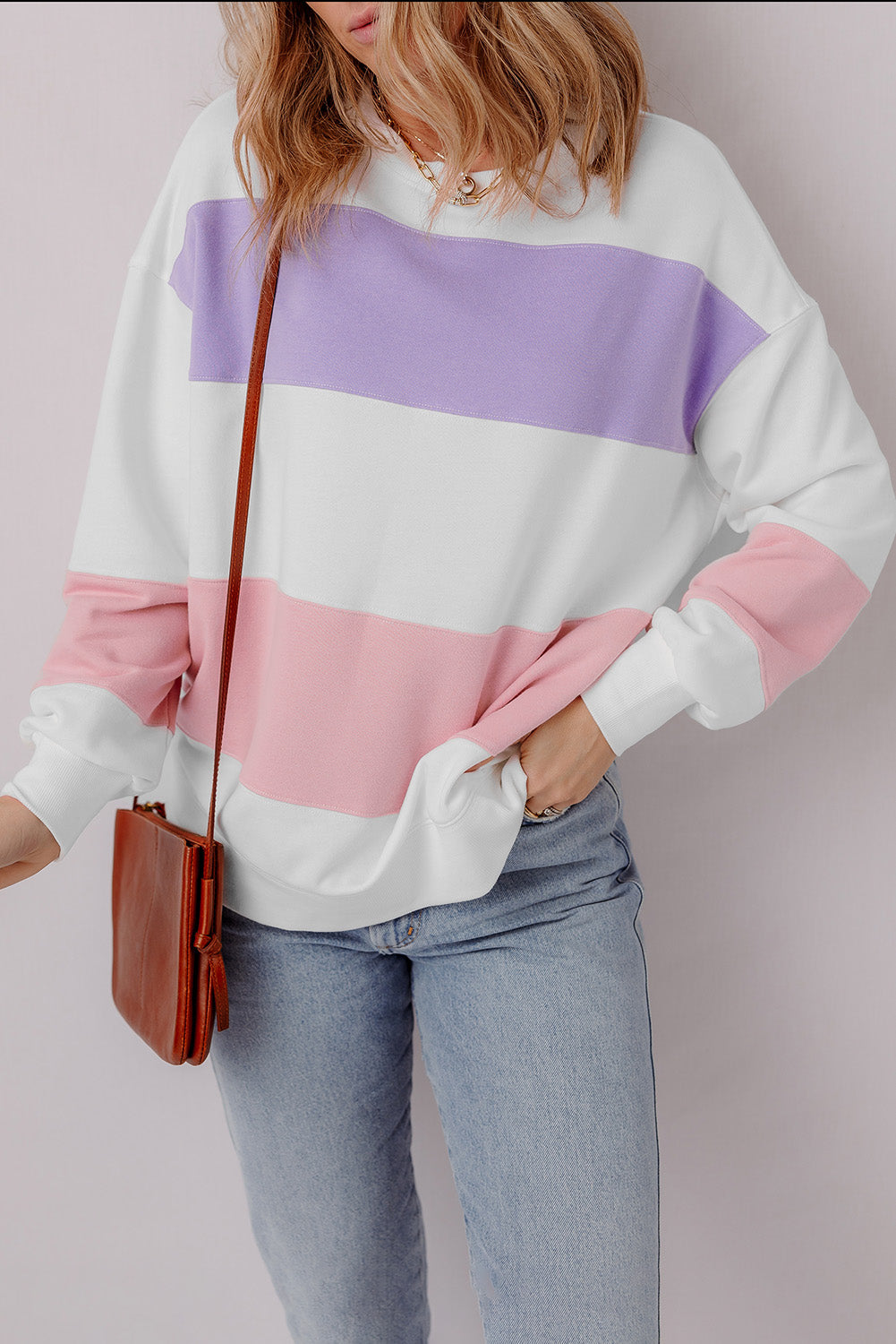 Threaded Pear Beige Colorblock Patchwork Drop Shoulder Crewneck Sweatshirt