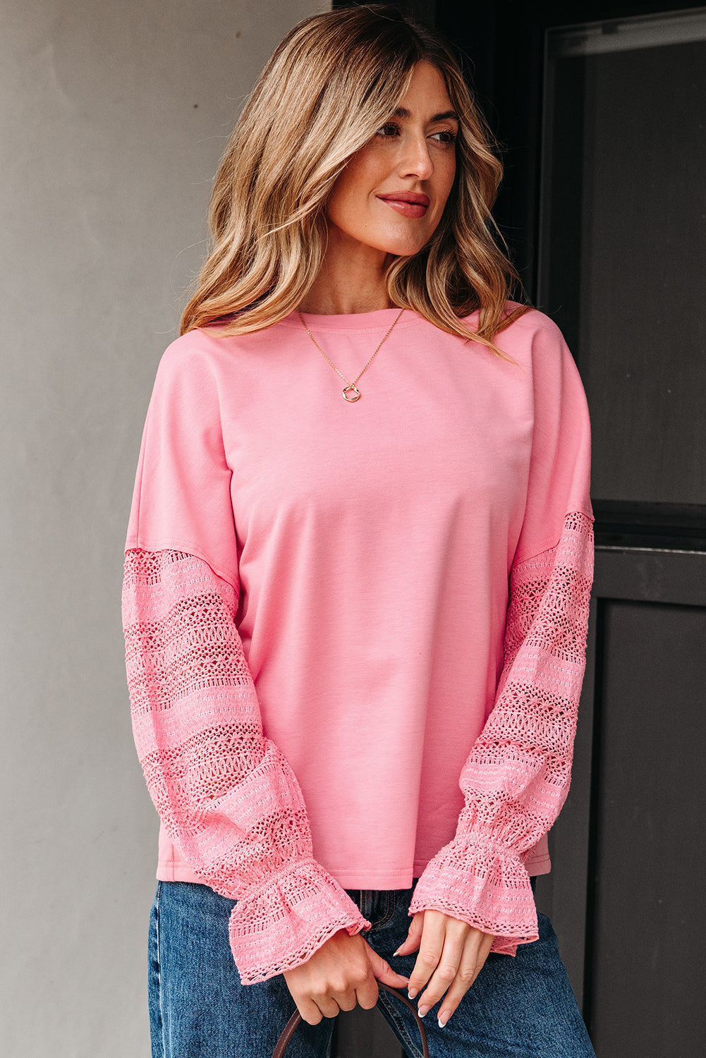 Threaded Pear Brielle Lace Ruffled Sleeve Patchwork Loose Sweatshirt