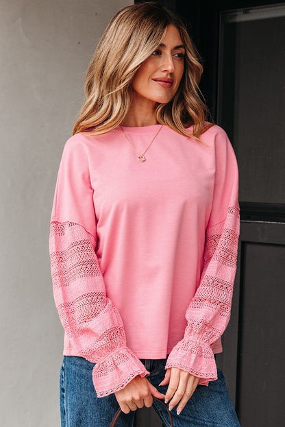 Threaded Pear Brielle Lace Ruffled Sleeve Patchwork Loose Sweatshirt