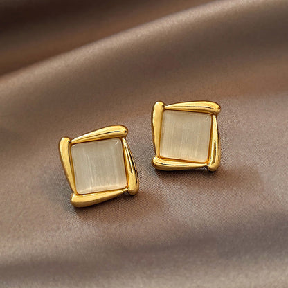 Luxury Cat’s Eye Flower Earrings | High-Sense Opal Geometric Studs | Square & Triangle Iridescent Jewelry | Elegant Floral Opal Earrings for Women
