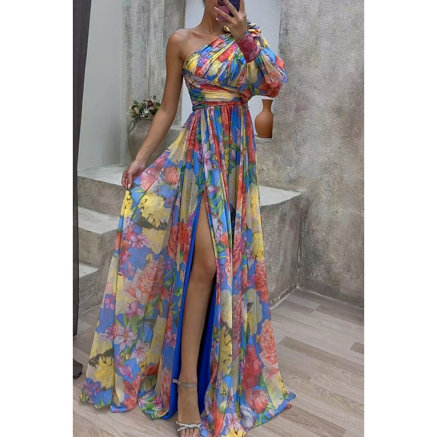 Floral Print Split Maxi Dress Fashion One-shoulder Long-sleeved Dresses Summer Beach Clothing For Women