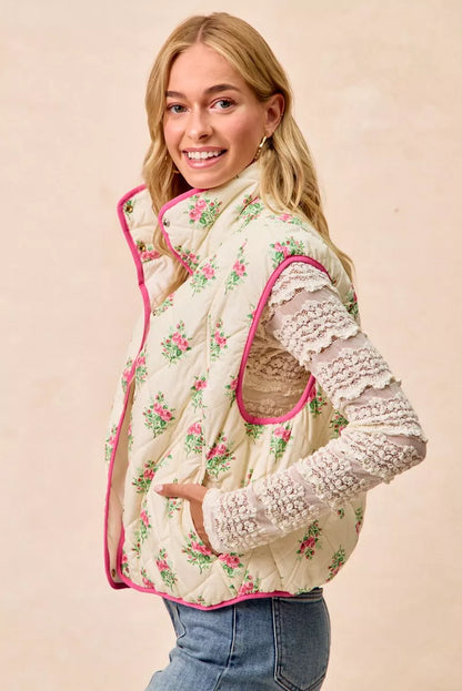 BiBi Floral Print Piping Detail Quilted Vest