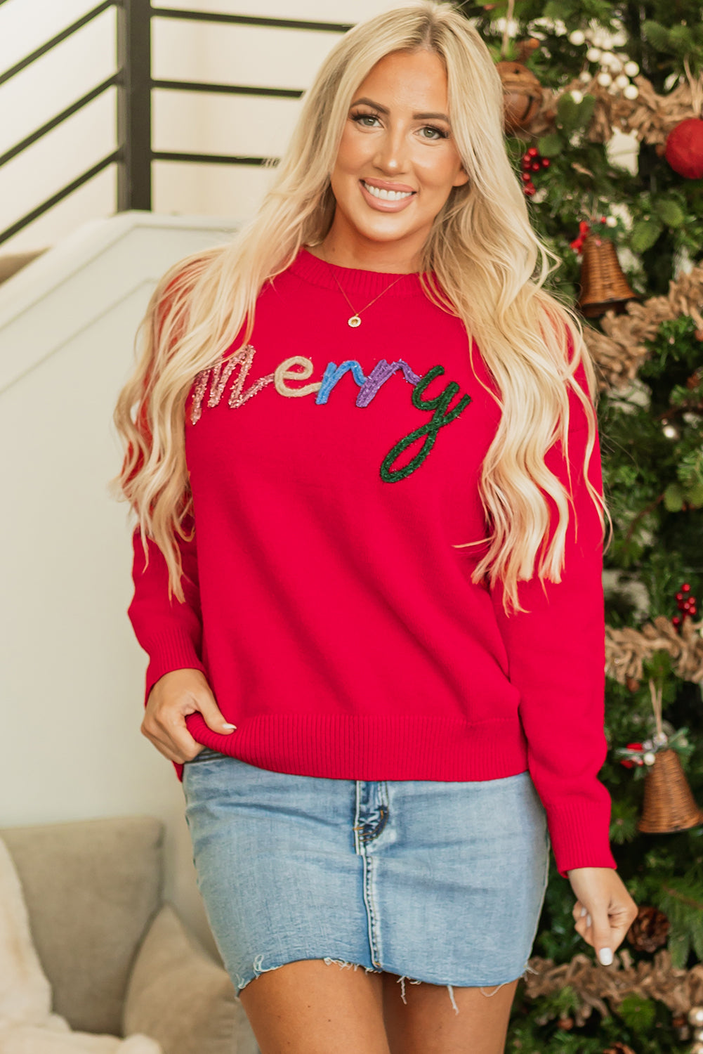 Threaded Pear Reagan Tinsel Merry Letter Sweater