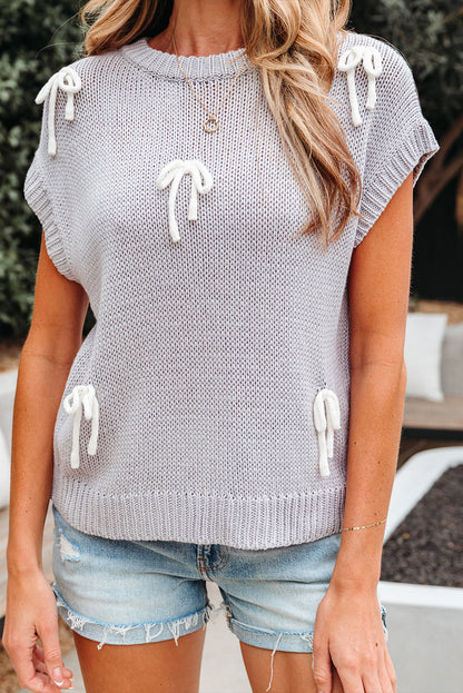 Threaded Pear Sara Bowknot Applique Cap Sleeve Sweater