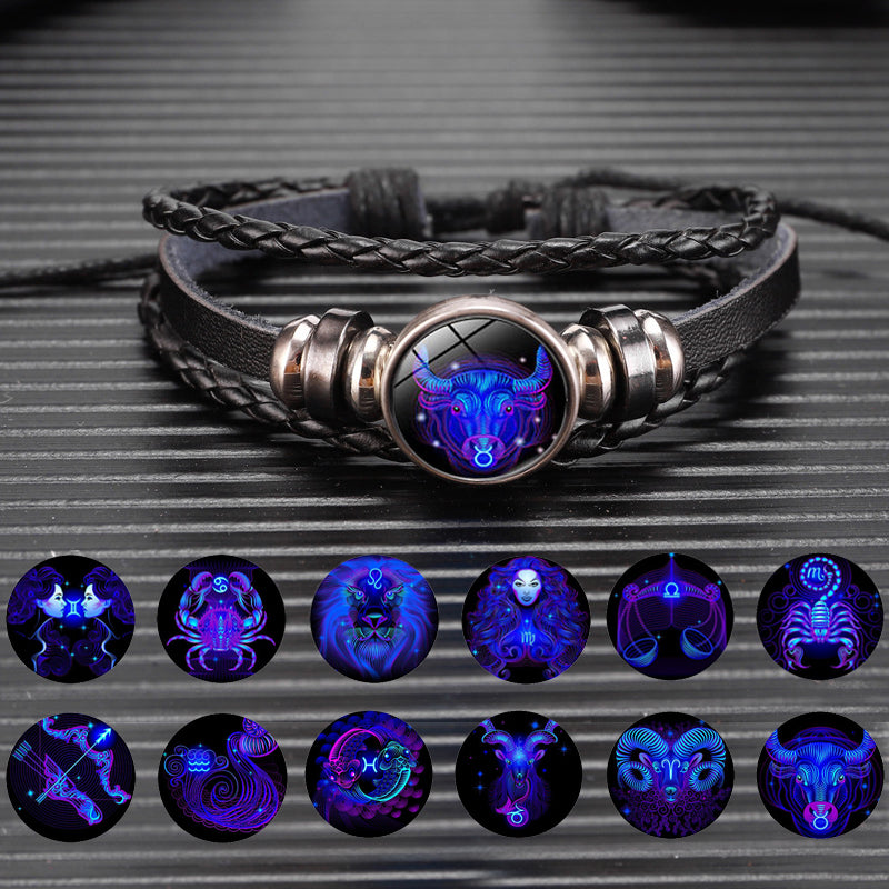 12 Zodiac Constellation Luminous Bracelet | Handmade Braided Leather Astrology Bracelet | Glow-in-the-Dark Birthday Gift for Men, Women & Kids