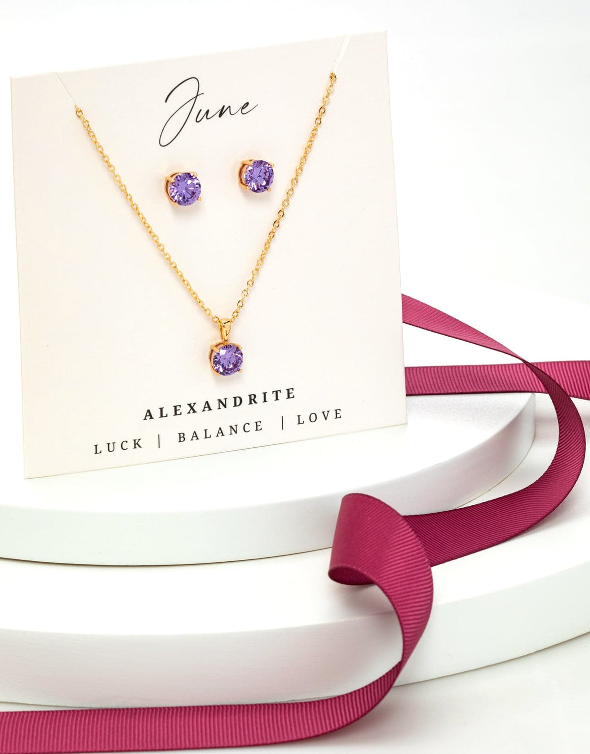 Gold Alexandrite - June Swarovski Crystal Necklace Earrings – Cz Birthstone Stud Earring Circular Pendant Set