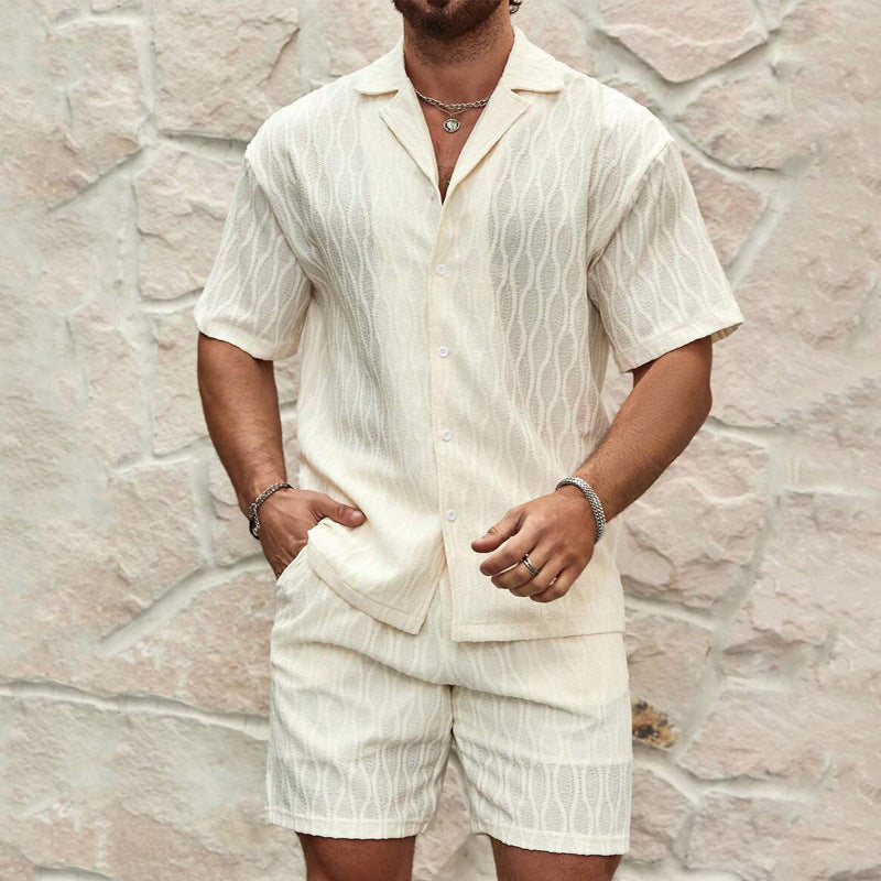 Men’s Summer Fashion Two-Piece Tracksuit | High-Sense Solid Loose Casual Lapel Shirt & Shorts | Trendy Minimalist Beach Holiday Outfit | Luxury-Label Statuesque Radiant Resort Wear | 2026 High-Fashion Emerald-Luxe Essential