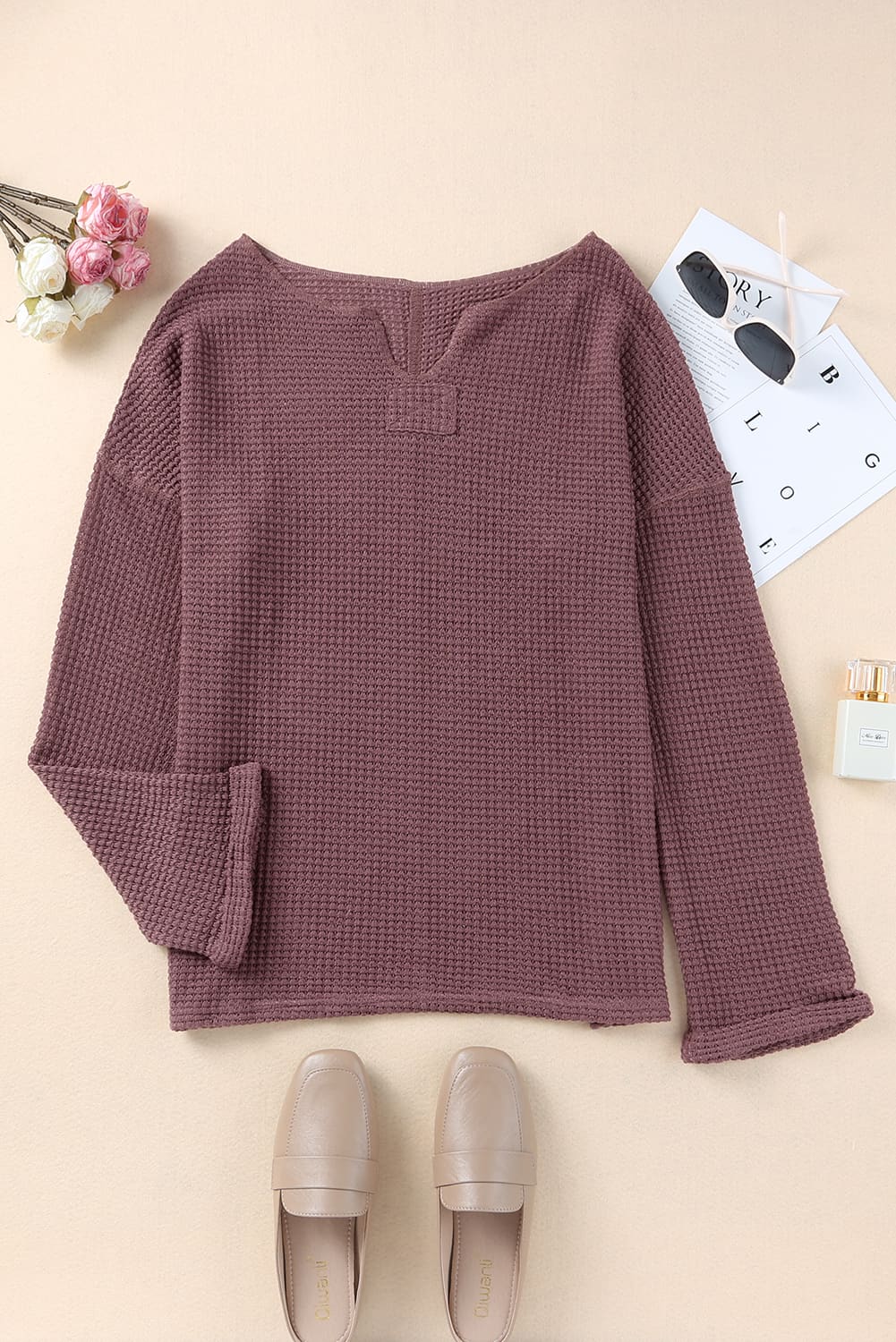Threaded Pear Evelyn Waffle Knit Loose Long Sleeve Top