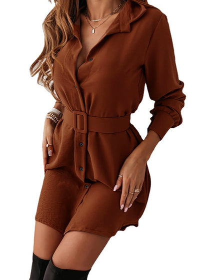 Lapel Long-sleeved Dress With Belt Fashion Elegant Button-do0wn Shirt Dresses For Women