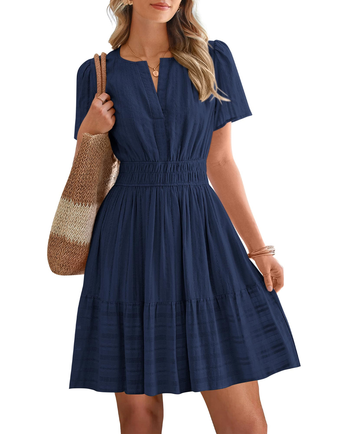 Women's V-Neck Elastic Waist Tiered Mini Dress