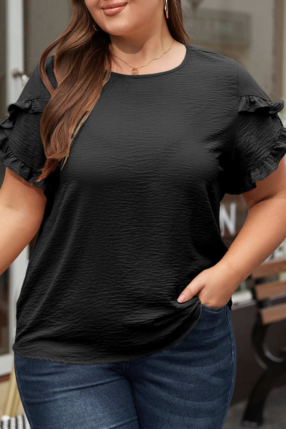 Threaded Pear Paulina Ruffled Short Sleeve Plus Size Top