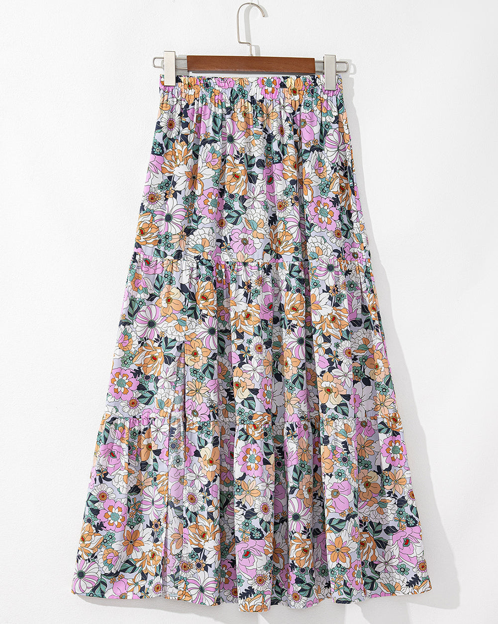 Alethea Bohemian Floral Print Tiered Maxi Skirt with Split - Sky Blue