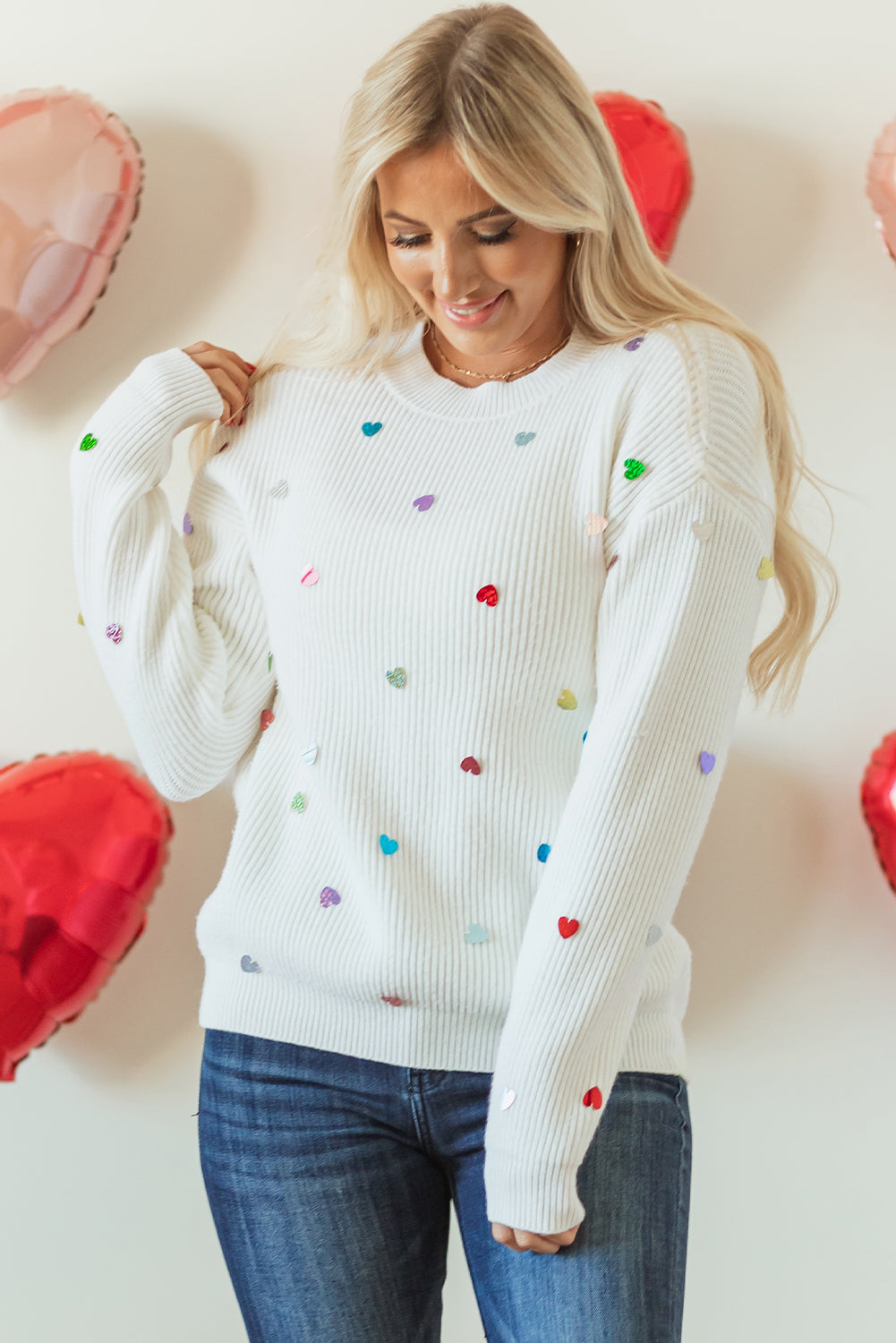 Threaded Pear Sequin Heart Waffle Knit Sweater