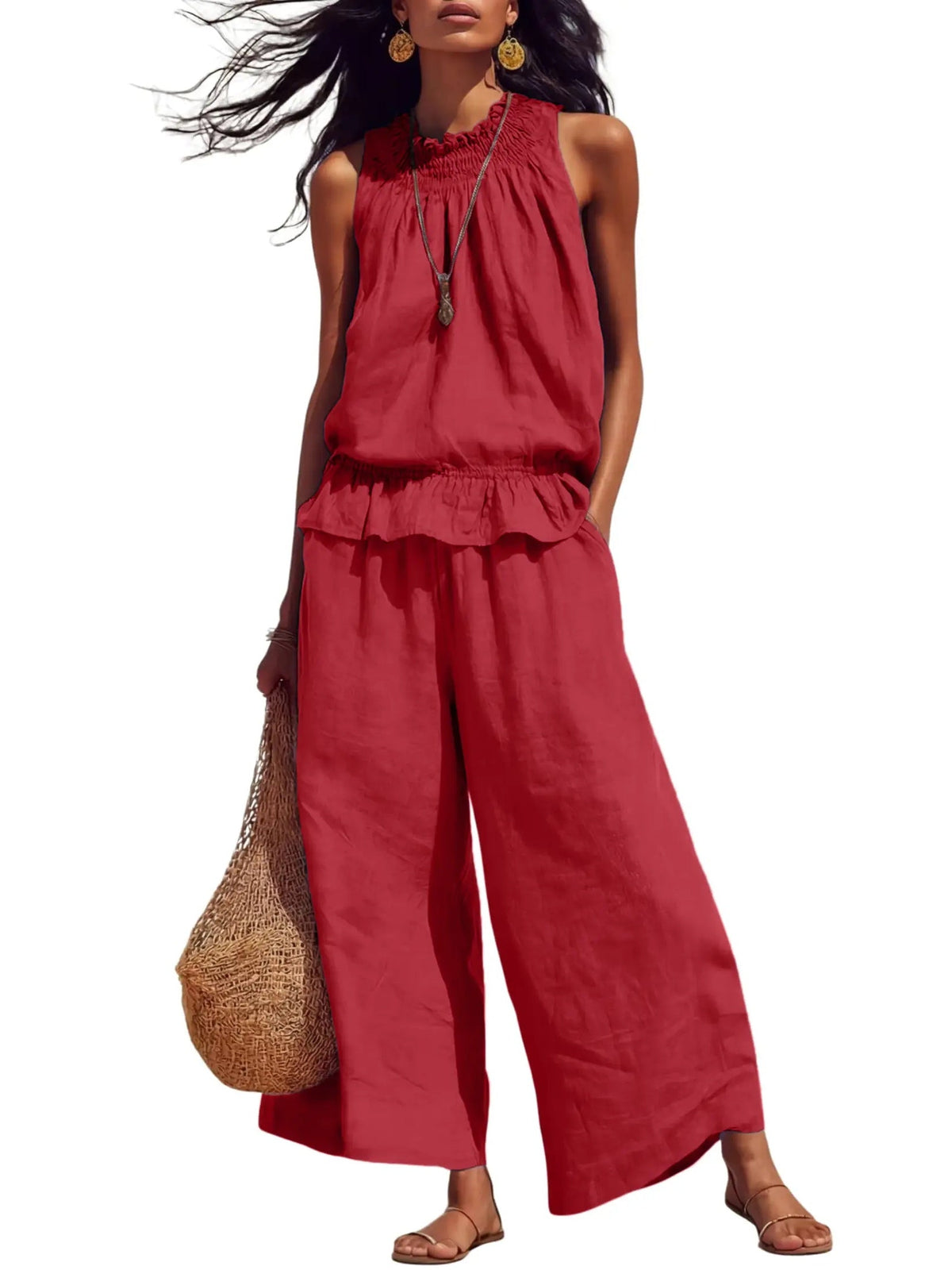 Women's 2 Piece Outfits Sleeveless Ruffle Top Wide Leg Pants Summer Loungewear