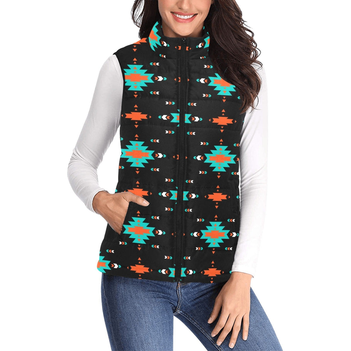Baha Ranch Turquoise Orange Aztec Women's Western Puffy Vest