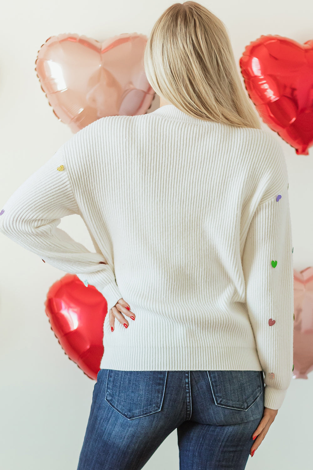 Threaded Pear Sequin Heart Waffle Knit Sweater