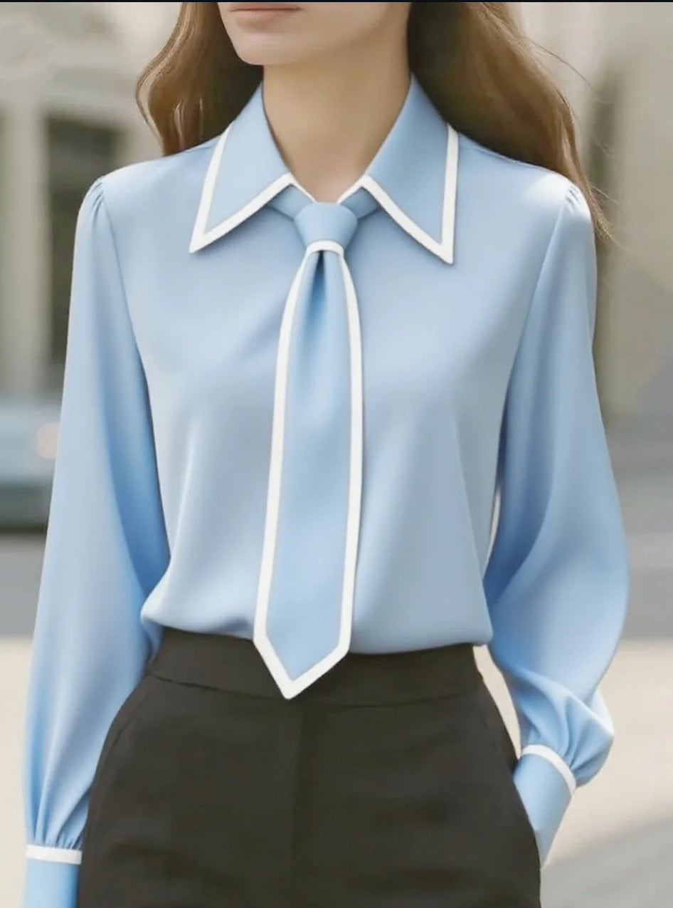 Women’s Autumn Tie-Neck Commute Shirt | Solid Color Long Sleeve Professional Blouse | Modern Office Wear Formal Top | Elegant Tie-Design Fashion Shirt