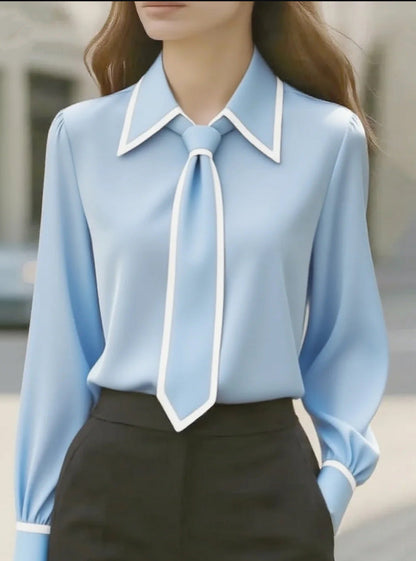 Women’s Autumn Tie-Neck Commute Shirt | Solid Color Long Sleeve Professional Blouse | Modern Office Wear Formal Top | Elegant Tie-Design Fashion Shirt