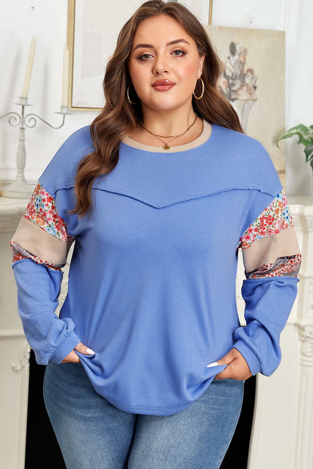 Threaded Pear Khaki Exposed Seam Floral Mixed Patchwork Relaxed Plus Size Top