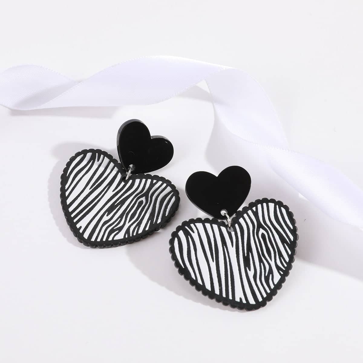 Black Acrylic & Silvertone Zebra Stripe Heart Drop Earrings