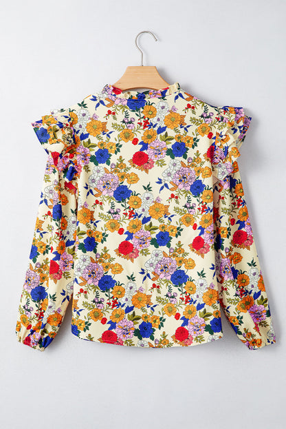 Threaded Pear Apricot Ruffled Shoulder Long Sleeve Floral Blouse
