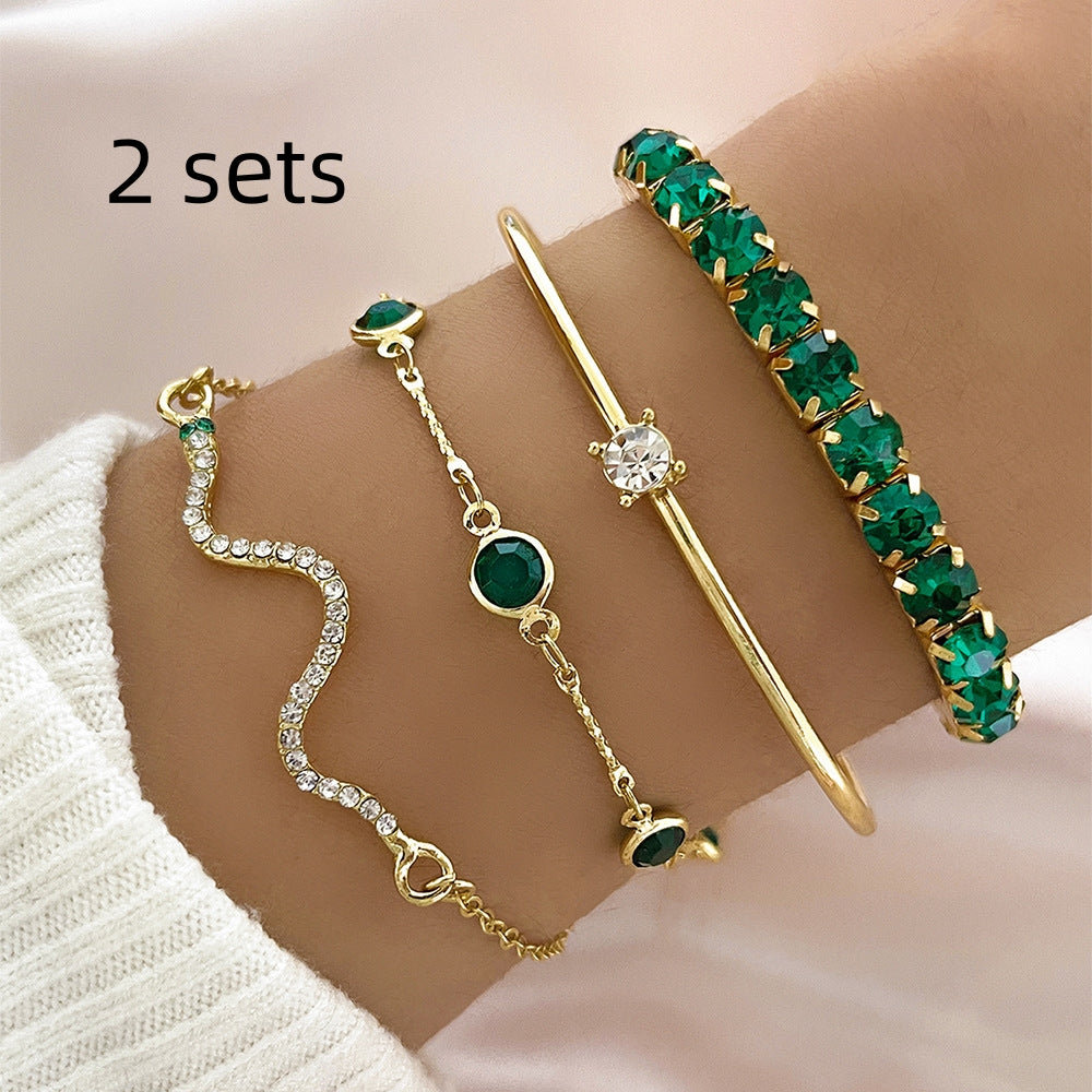 Women’s 4Pcs Green Grandmother Diamond Bracelet Set | High-Sense Emerald Stretch Bracelet Suit | Trendy Minimalist Multi-Layer Jewelry | Luxury-Label Statuesque Evening Accessories | 2026 High-Fashion Radiant Wristwear