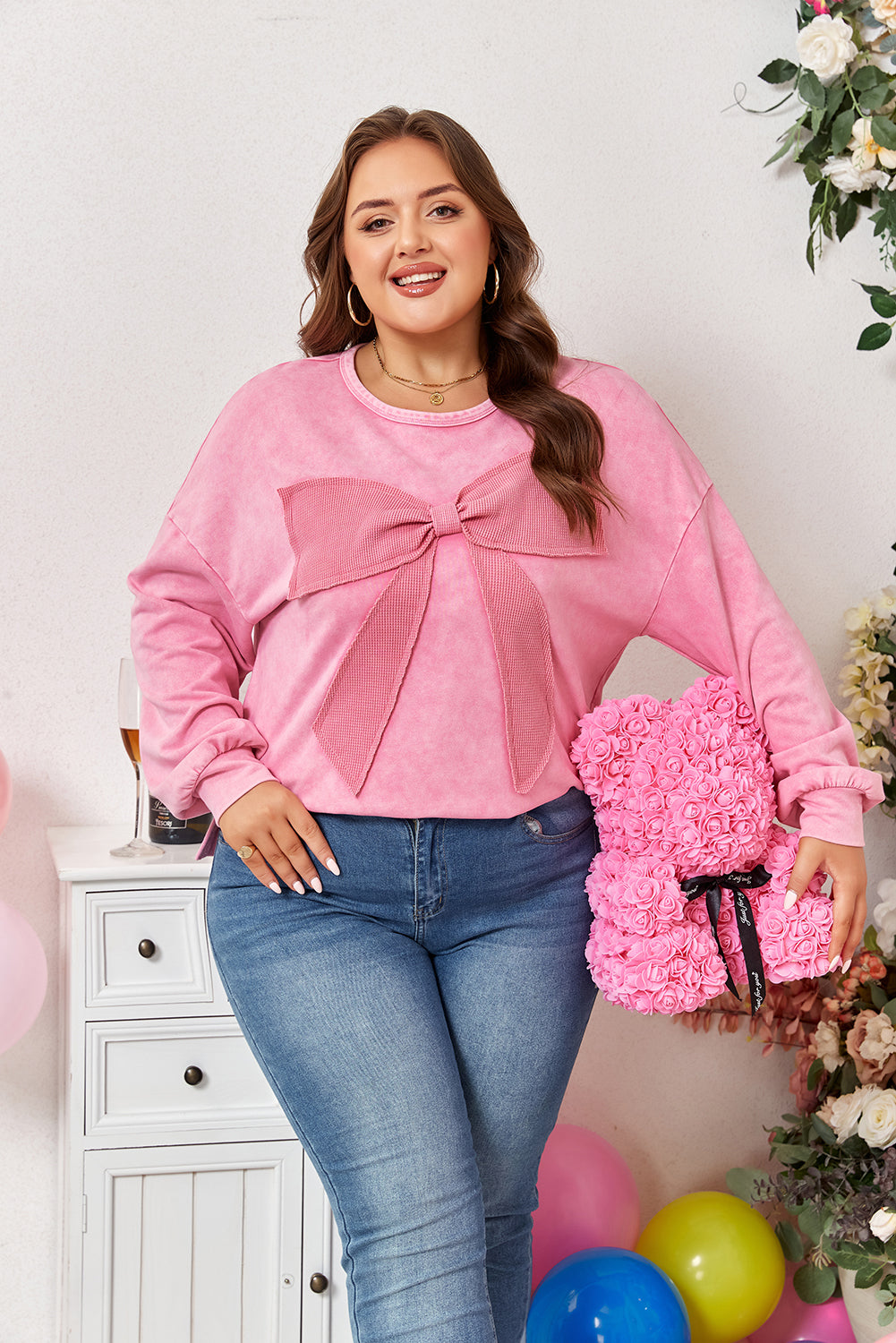 Threaded Pear Bonbon Waffle Bowknot Patchwork Graphic Mineral Wash Plus Size Sweatshirt