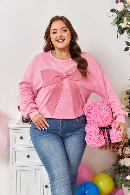 Threaded Pear Bonbon Waffle Bowknot Patchwork Graphic Mineral Wash Plus Size Sweatshirt