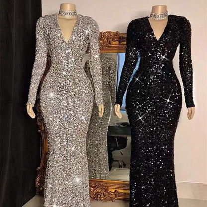 Grey Long Sleeve Sequin Evening Dress | Elegant Floor-Length Mermaid Gown | Sparkling Silver-Grey Formal Party Dress | Sophisticated Slim Fit Red Carpet Sequin Gown