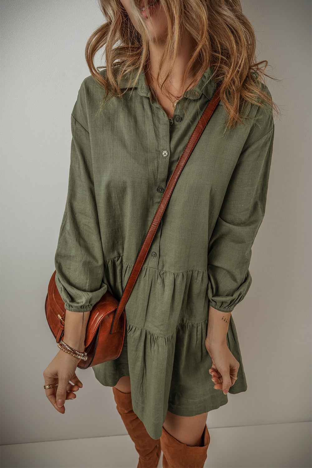 Threaded Pear Ariana Puff Sleeve Buttoned Tiered Dress
