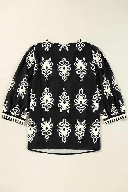 Threaded Pear Vintage Geometric Printed V Neck Blouse