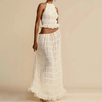 2pcs Women's Dress Suit Sleeveless Backless Cropped Halter Top And Pleated Long Skirt Beach Clothing