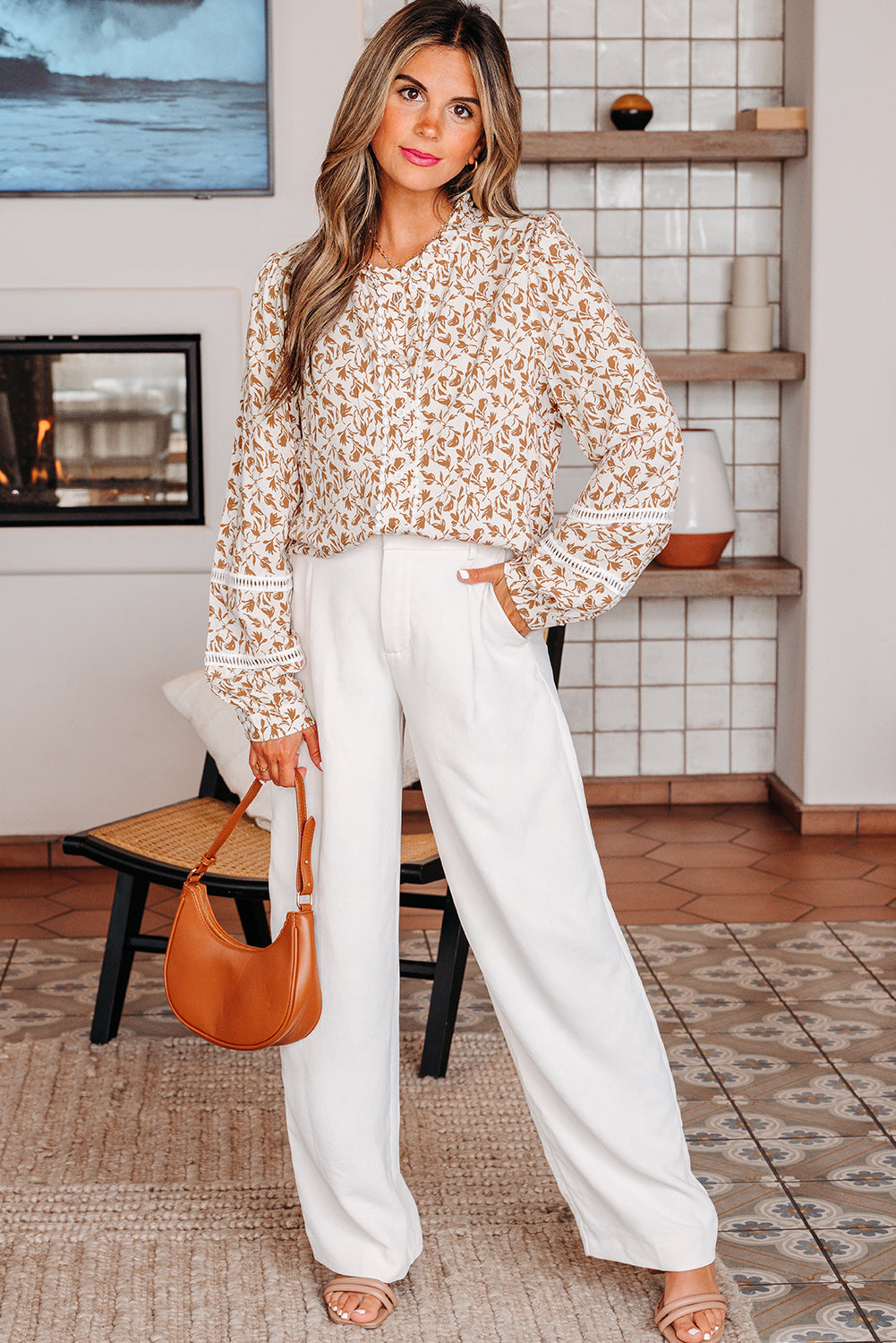 Threaded Pear Melanie Lace Floral Puff Sleeve Top
