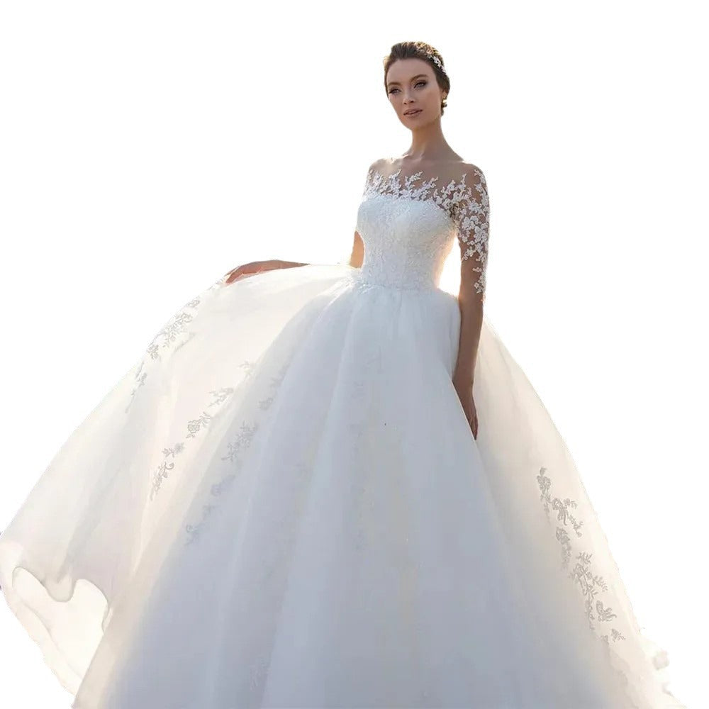 Women’s Bridal Mesh Long Sleeve Embroidered Wedding Dress | High-Sense Ivory Lace Evening Gown | Trendy Minimalist Illusion Silhouette Dress | Luxury-Label Statuesque Bridal Wear | 2026 High-Fashion Radiant Ceremony Essential