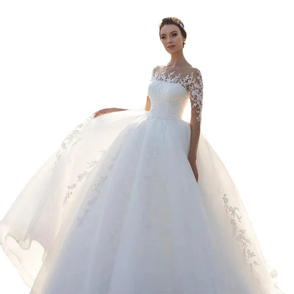 Women’s Bridal Mesh Long Sleeve Embroidered Wedding Dress | High-Sense Ivory Lace Evening Gown | Trendy Minimalist Illusion Silhouette Dress | Luxury-Label Statuesque Bridal Wear | 2026 High-Fashion Radiant Ceremony Essential